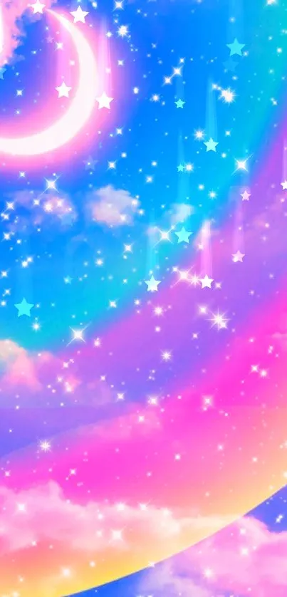 Colorful sky with crescent moon and stars wallpaper.