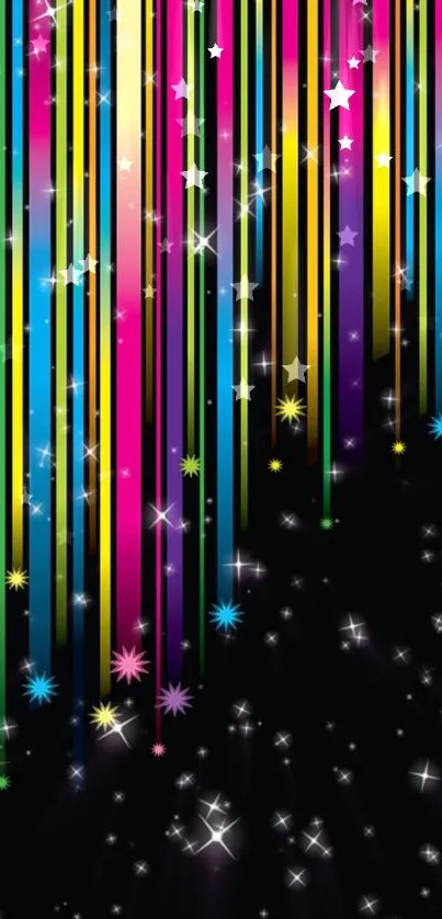 Vibrant wallpaper with colorful stripes and stars.