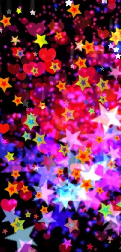 Colorful stars and hearts on dark background.