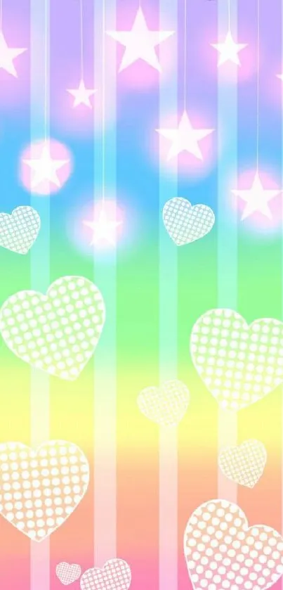 Colorful mobile wallpaper with stars and hearts on a rainbow background.