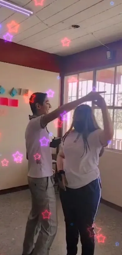 Colorful starry dance in a classroom setting.