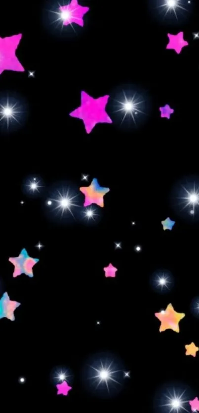 Vibrant wallpaper of colorful stars on black background.