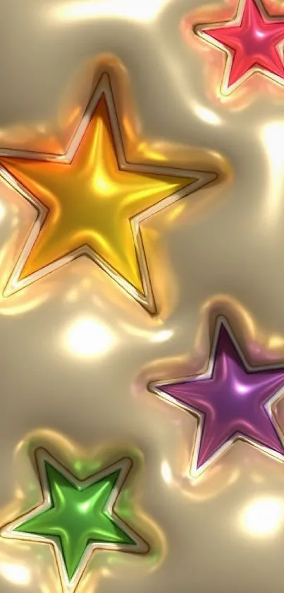 Mobile wallpaper with colorful stars on a shiny gold background.