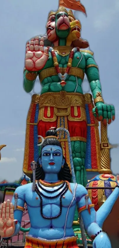 Colorful statues under a clear sky.