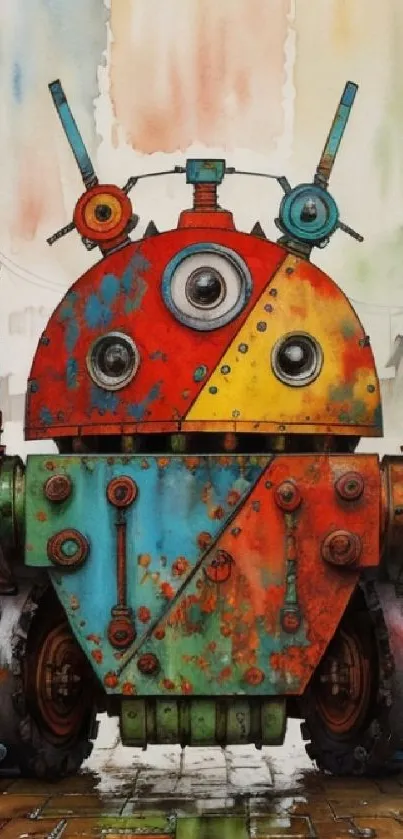 Colorful steampunk robot art set in an industrial street scene.