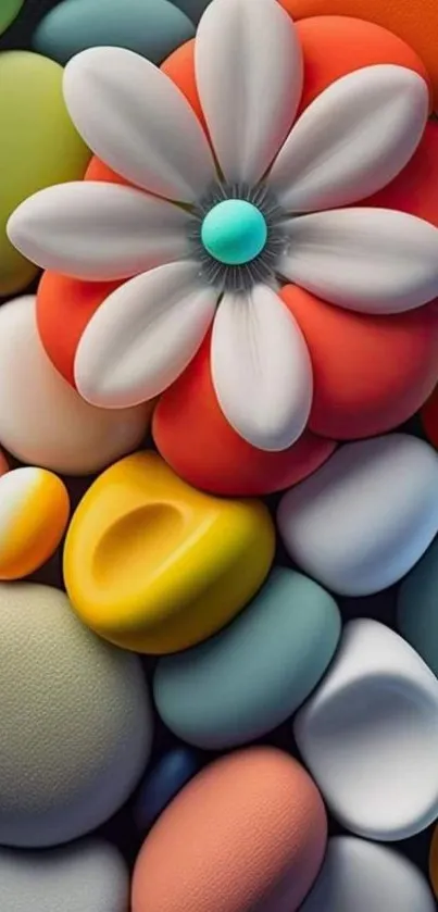 Colorful 3D flower and stones wallpaper with vibrant orange and white hues.