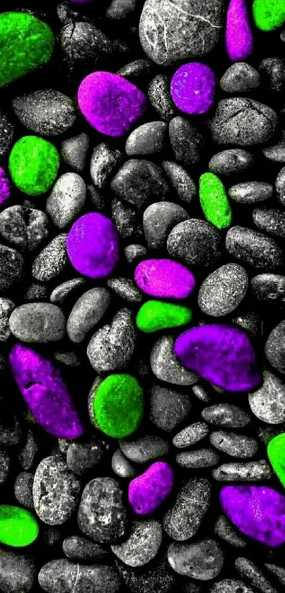 Colorful stones with black, green, and purple pebbles on mobile wallpaper.