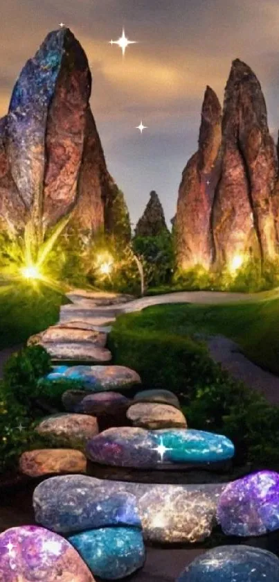 Pathway of colorful glowing stones under twilight sky.