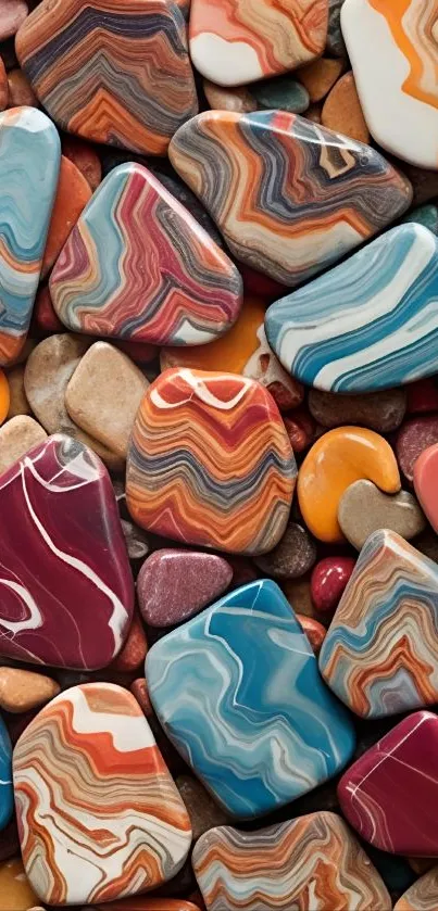 Colorful stones with swirling patterns in vibrant hues.