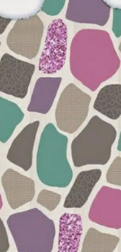 Colorful stone pattern mobile wallpaper with pink and glitter accents.