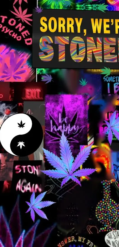 Psychedelic neon collage with cannabis leaves and text in vibrant colors.