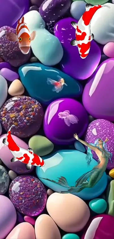 Colorful stones with koi fish and a mermaid create an artistic wallpaper.