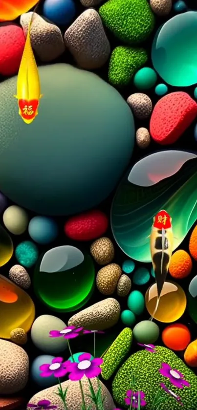 Vibrant wallpaper with colorful stones and koi fish.