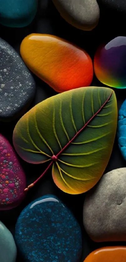 Colorful stones with a central vibrant leaf design.