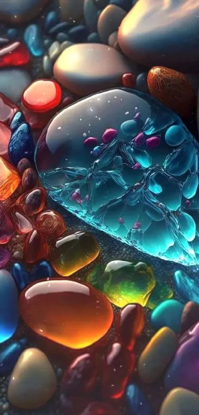 Colorful, glossy stones creating vibrant mobile wallpaper.