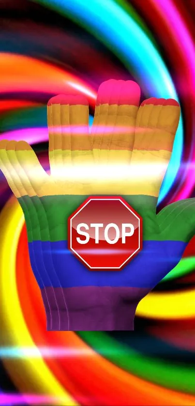 Colorful hand with stop sign and swirling rainbow backdrop.