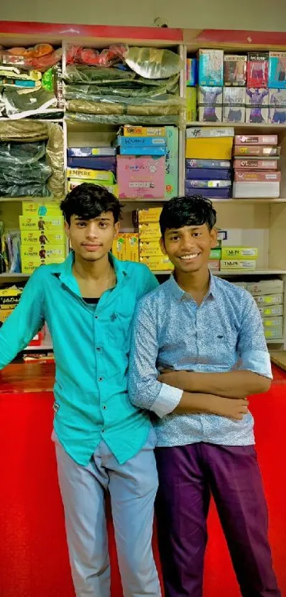 Two friends smiling in colorful store with red display.