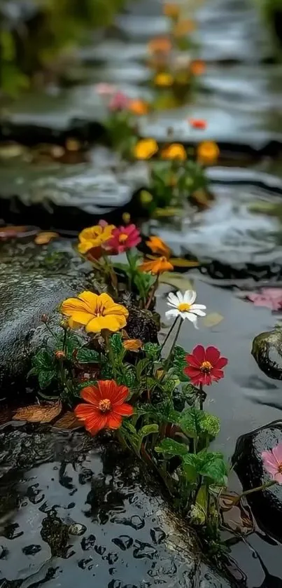 Vibrant flowers line a rocky stream path.