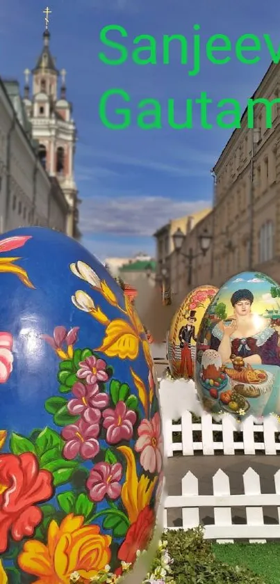 Colorful street art wallpaper featuring decorated eggs with floral designs.