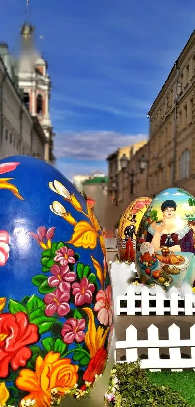 Colorful Easter eggs displayed on a city street with detailed floral designs.