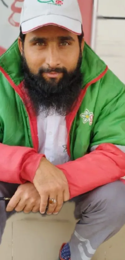 Colorful portrait of a bearded man wearing red and green attire.