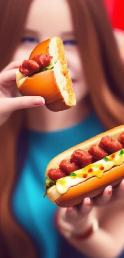 Vibrant street food mobile wallpaper with a colorful hot dog and playful background.