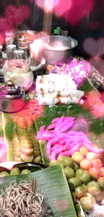 Vibrant Indonesian street food on banana leaves in a market stall.