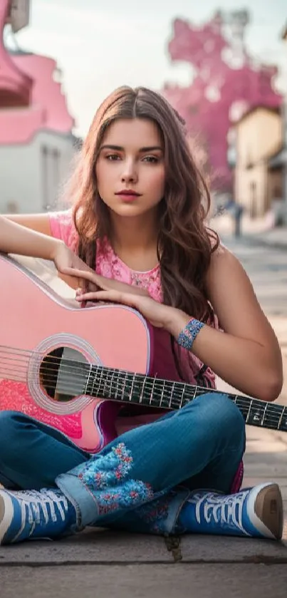 Young woman with a pink guitar sits in a vibrant street, exuding musical vibes.