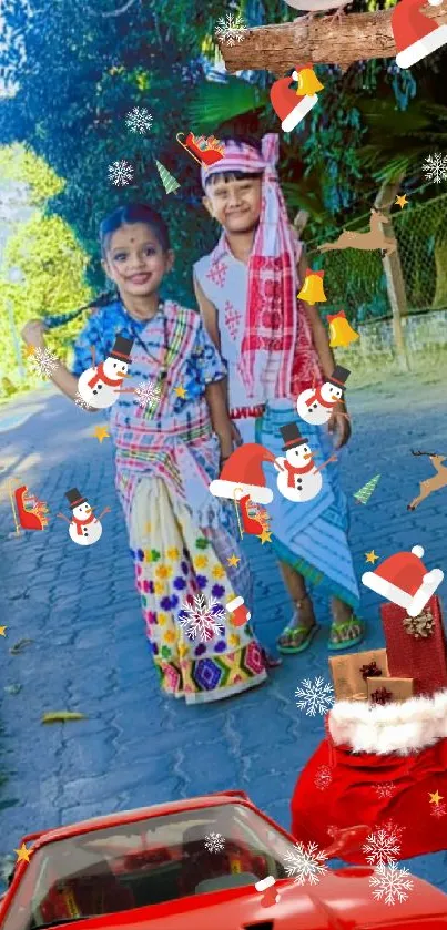 Two kids in traditional attire with a red car and nature background.