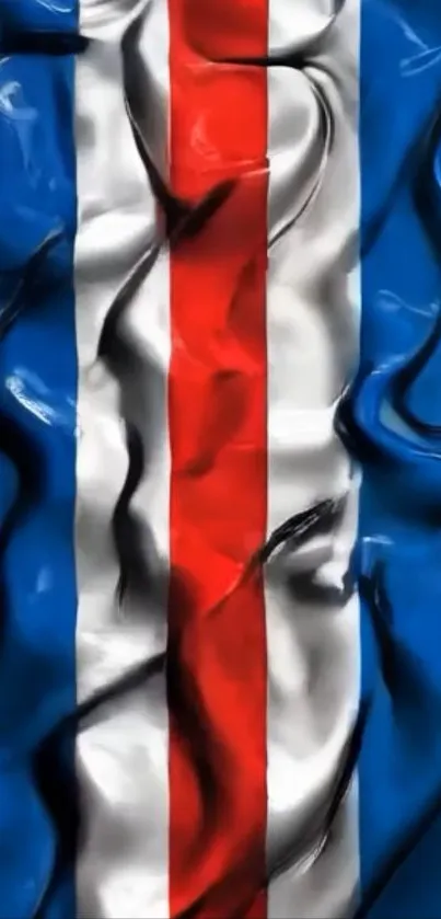 Abstract design with blue, red, white stripes, wavy texture.