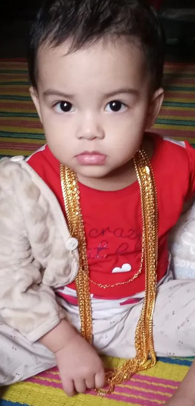 Baby sitting on colorful striped carpet with gold necklace.