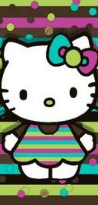 Colorful Hello Kitty cartoon wallpaper with stripes and dots.