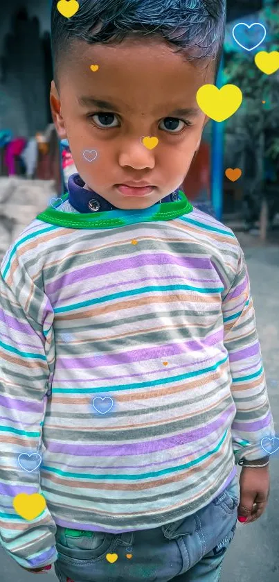 Young child in a striped shirt with colorful hearts overlay.