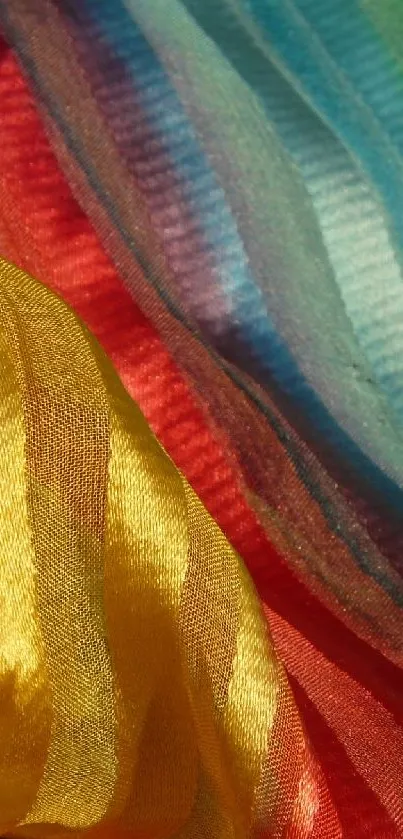 Vibrant striped fabric wallpaper with rainbow colors.