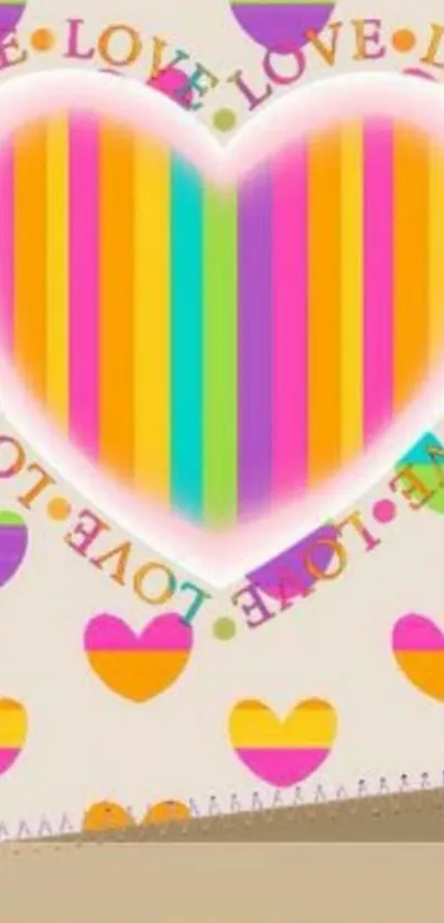 Colorful striped heart wallpaper with love text.