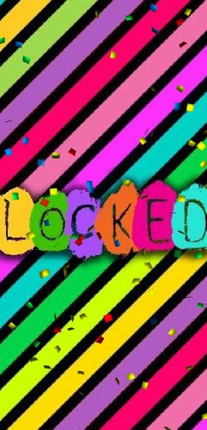 Colorful wallpaper with diagonal stripes and 'LOCKED' text.