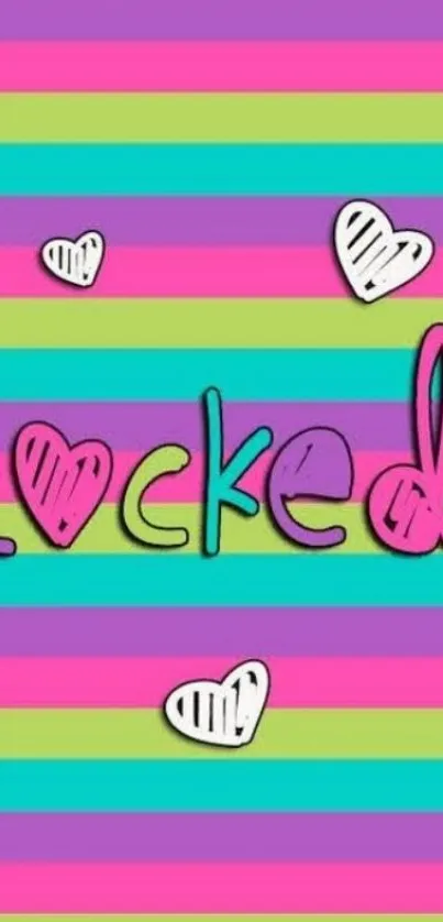 Colorful striped wallpaper with hearts and 'Locked' text.