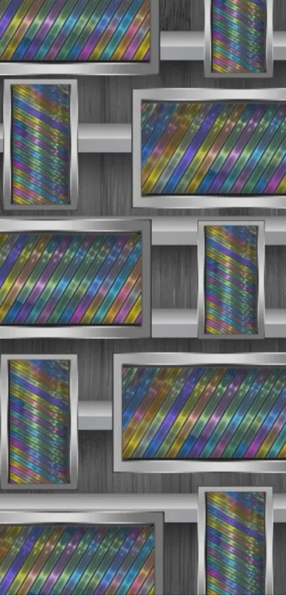 Vibrant, rainbow-striped TV screen pattern on shelves.