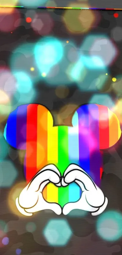 Rainbow-striped mouse ears with heart-hands on colorful background.