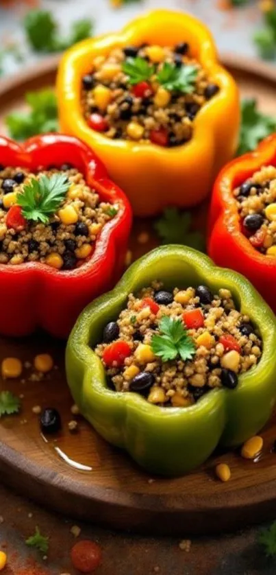 Vibrant stuffed bell peppers on wooden platter.