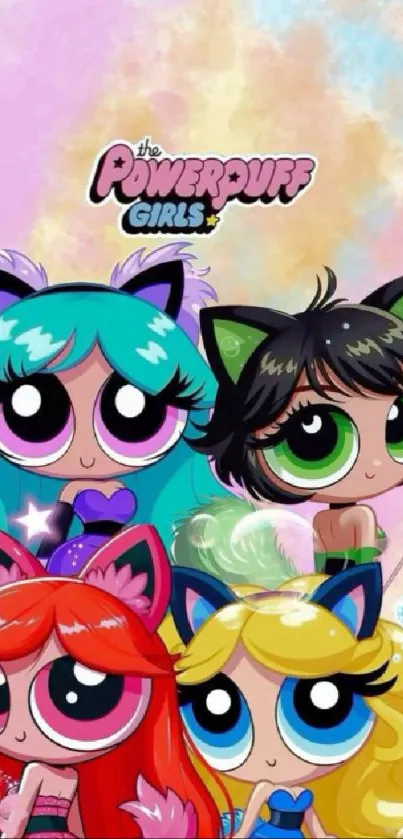 Vibrant Powerpuff Girls wallpaper with colorful hairstyles.