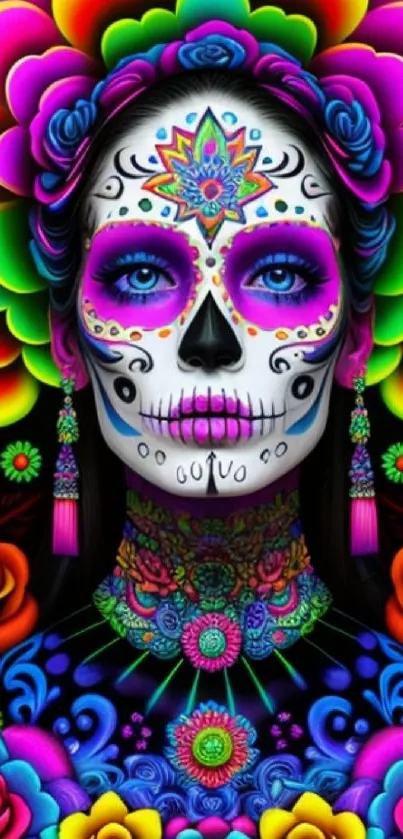 Colorful Day of the Dead sugar skull with neon floral patterns.