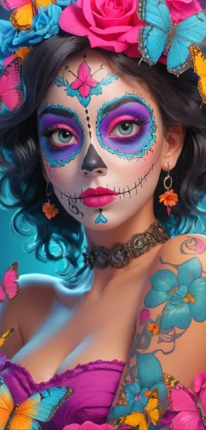 Vibrant sugar skull woman with butterflies and floral face paint.