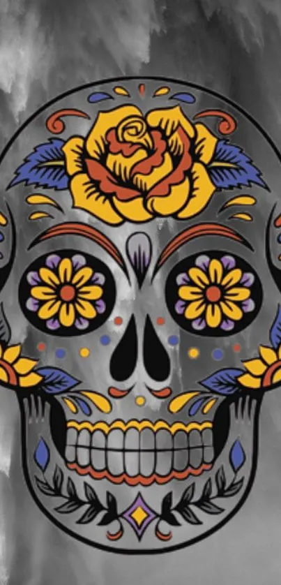 Colorful sugar skull on gray background wallpaper.