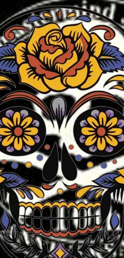 Colorful floral sugar skull on black background.