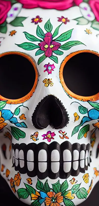 Vibrant sugar skull with floral design and colorful patterns.