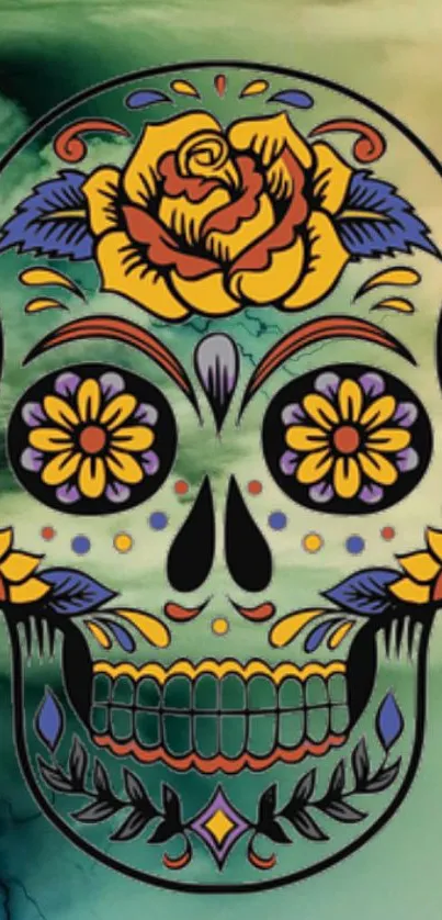 Colorful sugar skull with floral design on a teal background.