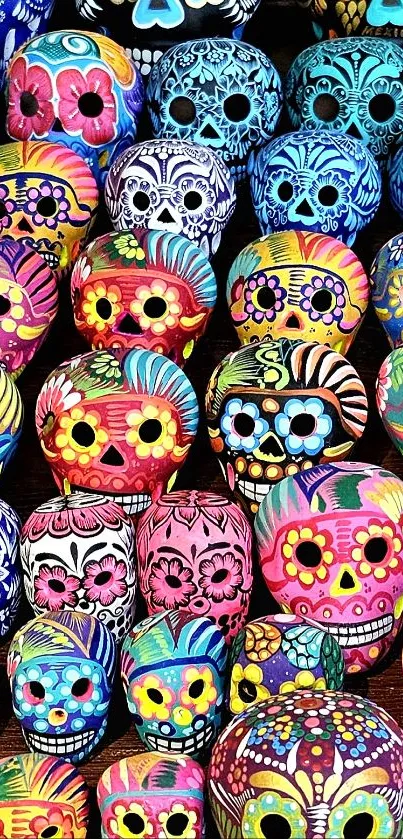 Vibrant sugar skull art wallpaper with colorful designs.