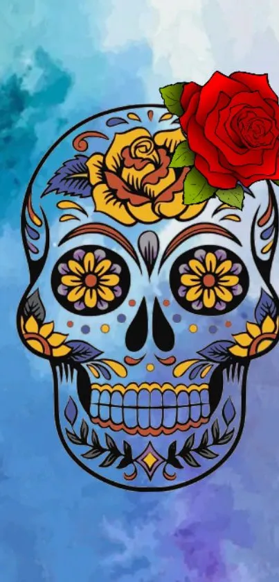 Colorful sugar skull wallpaper with a red rose and floral patterns.