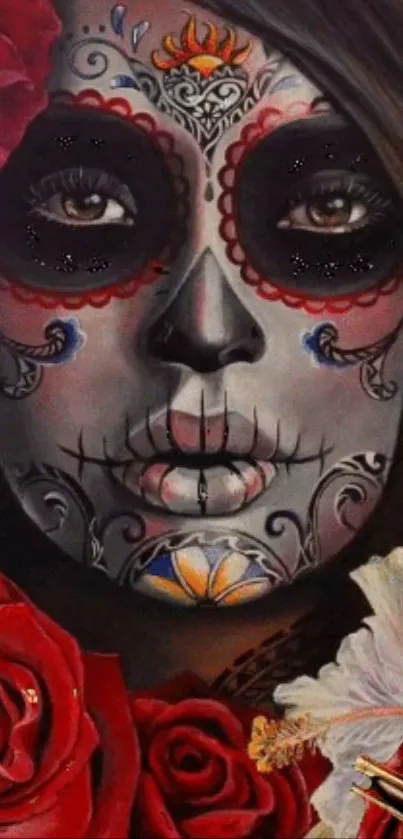 Intricate sugar skull art with vibrant colors and floral details.